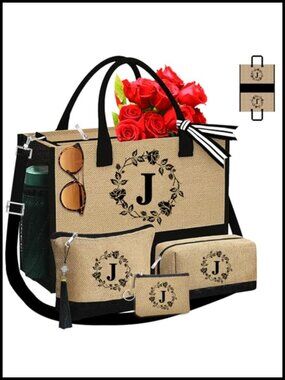 Personalized Jute Tote Bag Set 4Pc Monogram Embroidered Makeup Bags